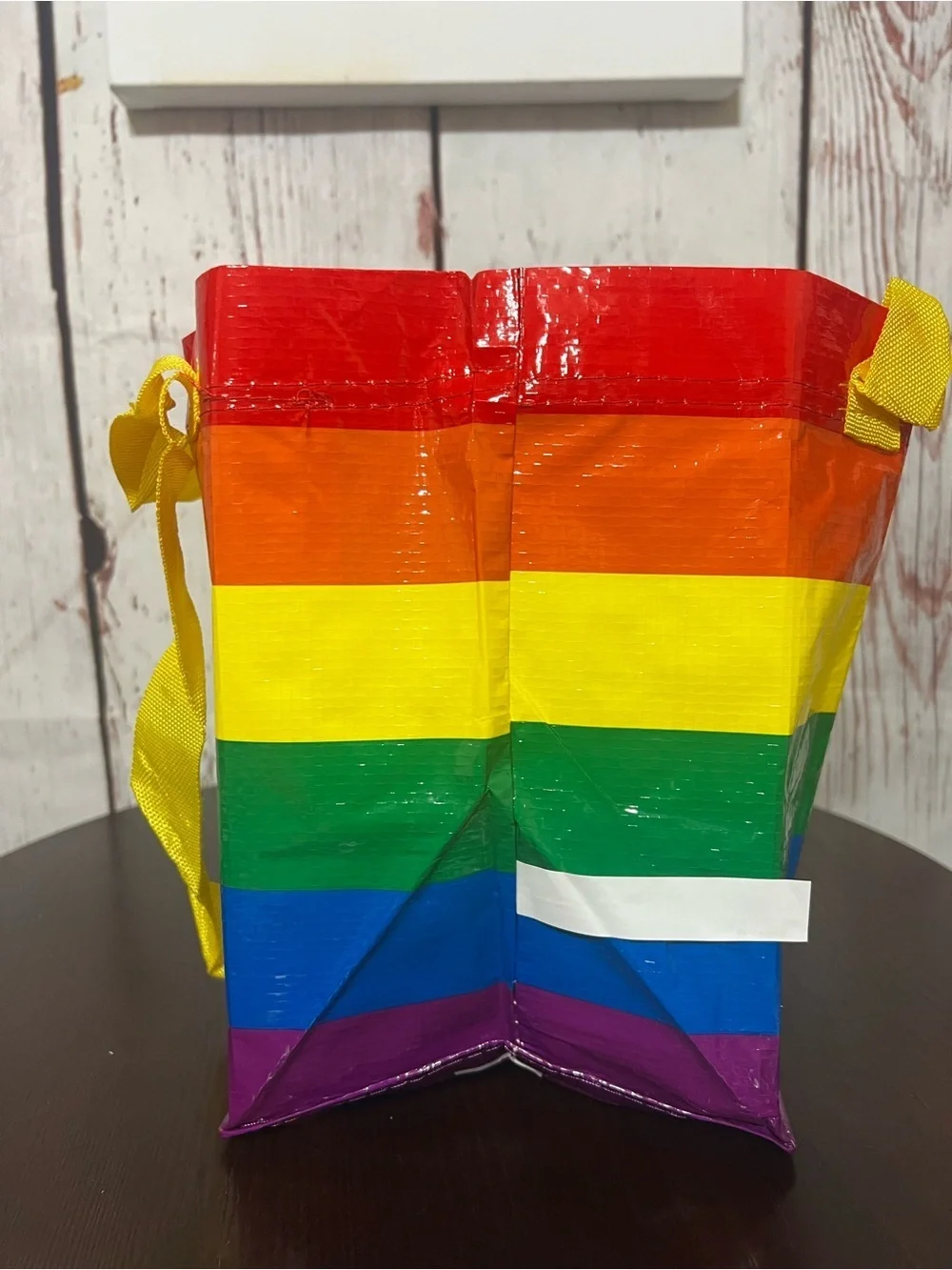 IKEA Rainbow Stripe Tote Bag with Yellow Handles